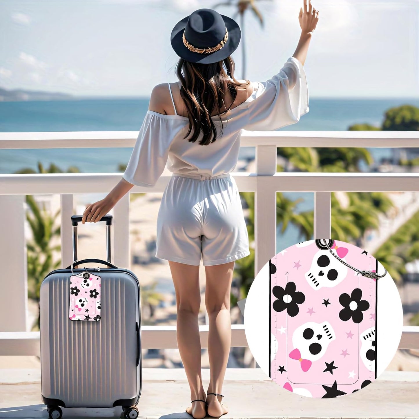 Luggage Tags for Suitcases, 2-Pack PU Leather for Cruise & Travel, Baggage ID Tags with Privacy Cover & Address Card, Durable Metal Ring, Kids Adults Travel Accessories, Sweet Punk Skulls