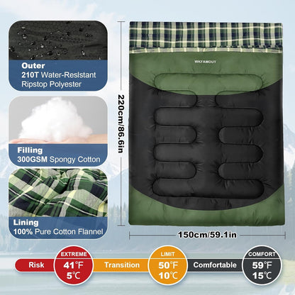 Double Sleeping Bag for Adults Machine Washable 2 Person Camping Sleeping Bag Queen Size Waterproof with Compression Sack for Cold Weather 3-4 Seasons