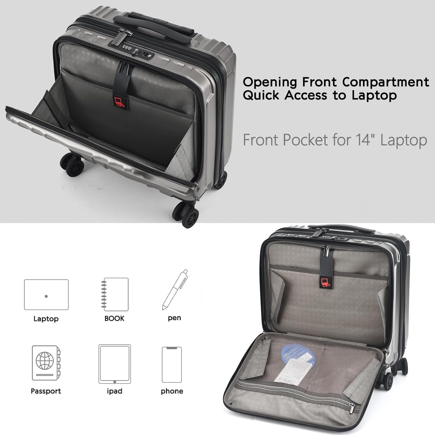 TydeCkare 16" Carry on Luggage with 2 Laptop Compartments, Lightweight Hardshell ABS+PC Suitcase with Dual Control TSA Lock, with YKK Zipper, 4 Spinner Silent Wheels, for Business Travel, Silver Grey