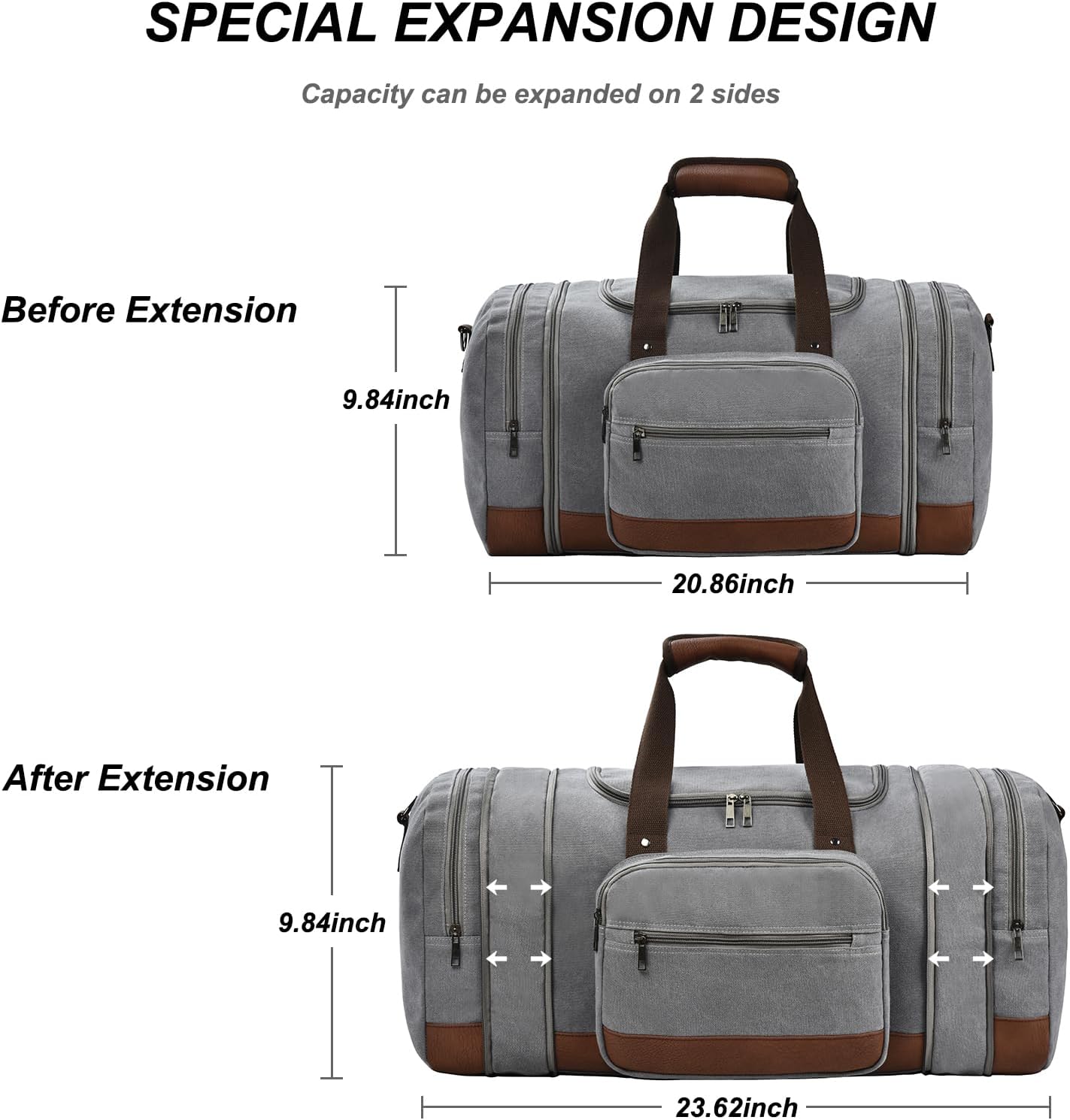 Litvyak Duffle Bag for Travel, 50L Canvas Travel Duffel Bags Overnight Weekend Gym Carry On Luggage Bag for Men & Women(Grey+Toiletry Bag)