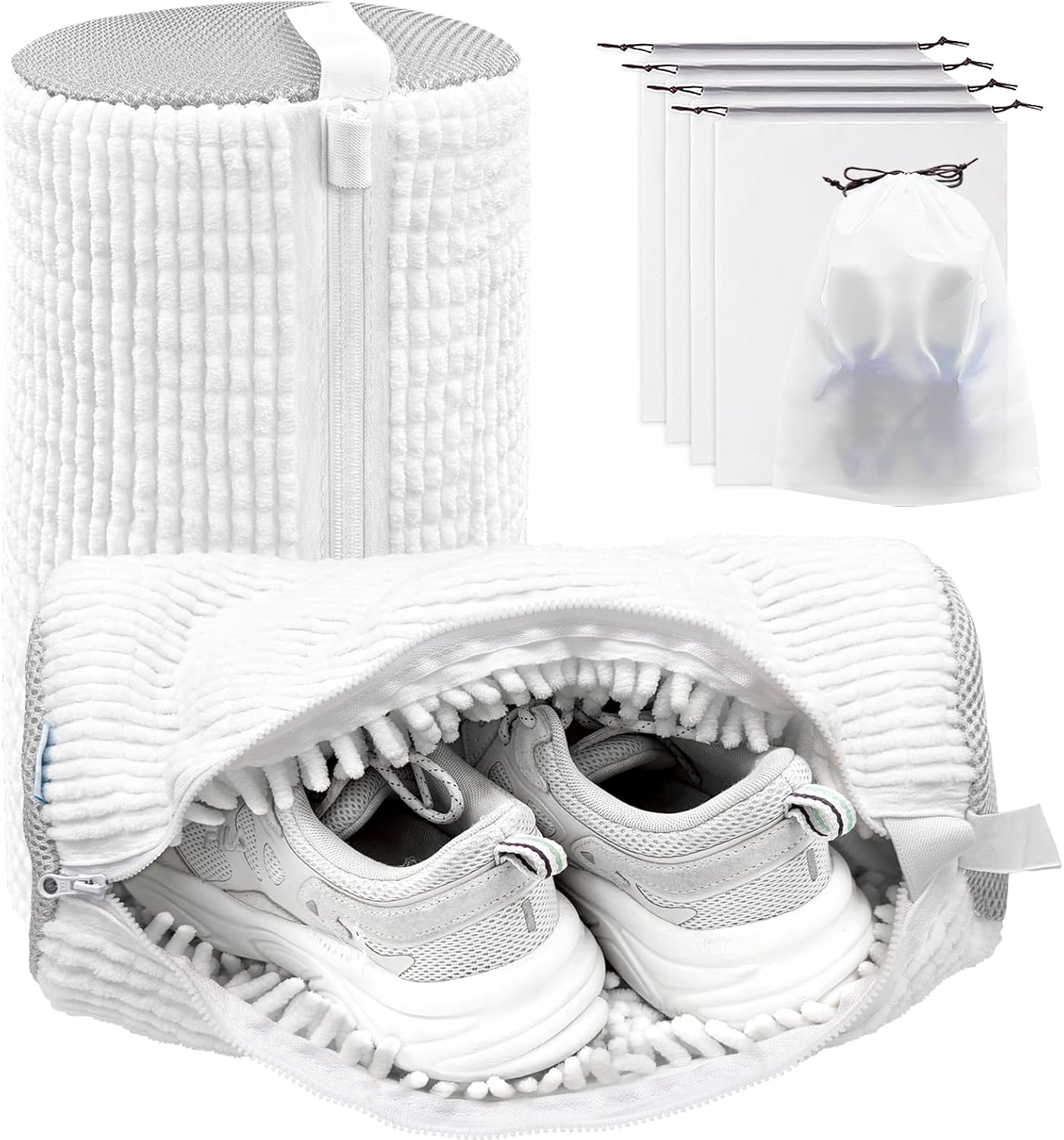 Shoe Washing Machine Bag,Laundry Shoe Bag for Washer and Dryer,Reusable Shoe Cleaning Bag for Sneakers,Tennis Shoes,With Self-locking Zipper, Microfiber Inside,Include Shoes Storage Bag (White(2PC))