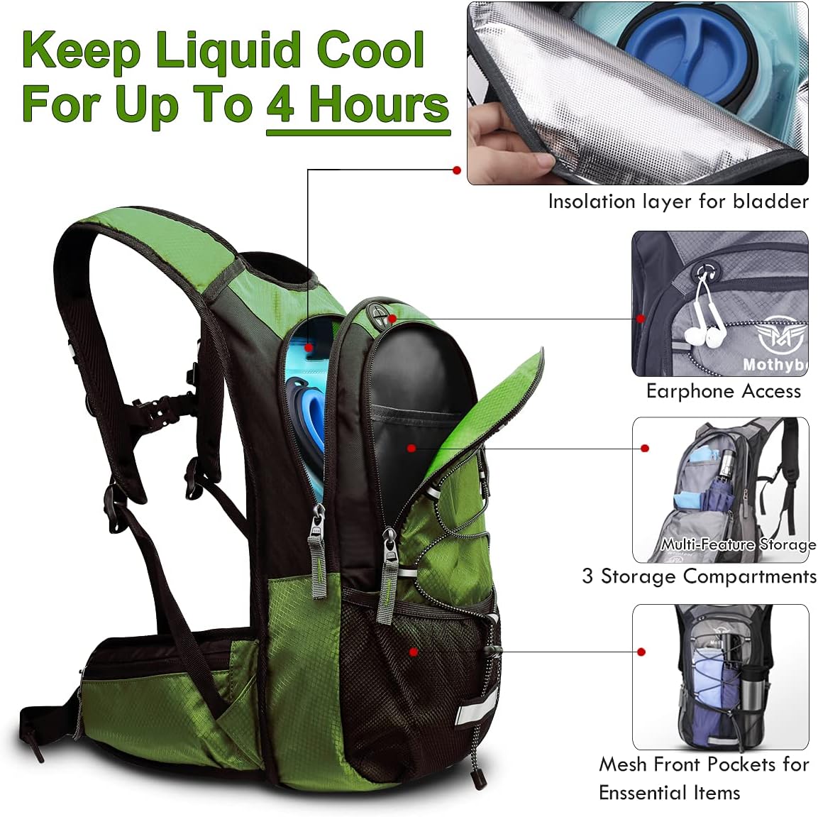 Insulated Hydration Backpack Pack with 3L BPA Free Leak Proof Water Bladder, Large Storage Lightweight Hiking Daypack with Waist Pouches & Cooler Layer, for Running, Biking, Camping, Festival