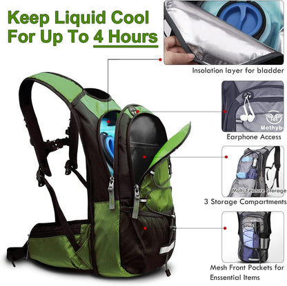 Insulated Hydration Backpack Pack with 3L BPA Free Leak Proof Water Bladder, Large Storage Lightweight Hiking Daypack with Waist Pouches & Cooler Layer, for Running, Biking, Camping, Festival