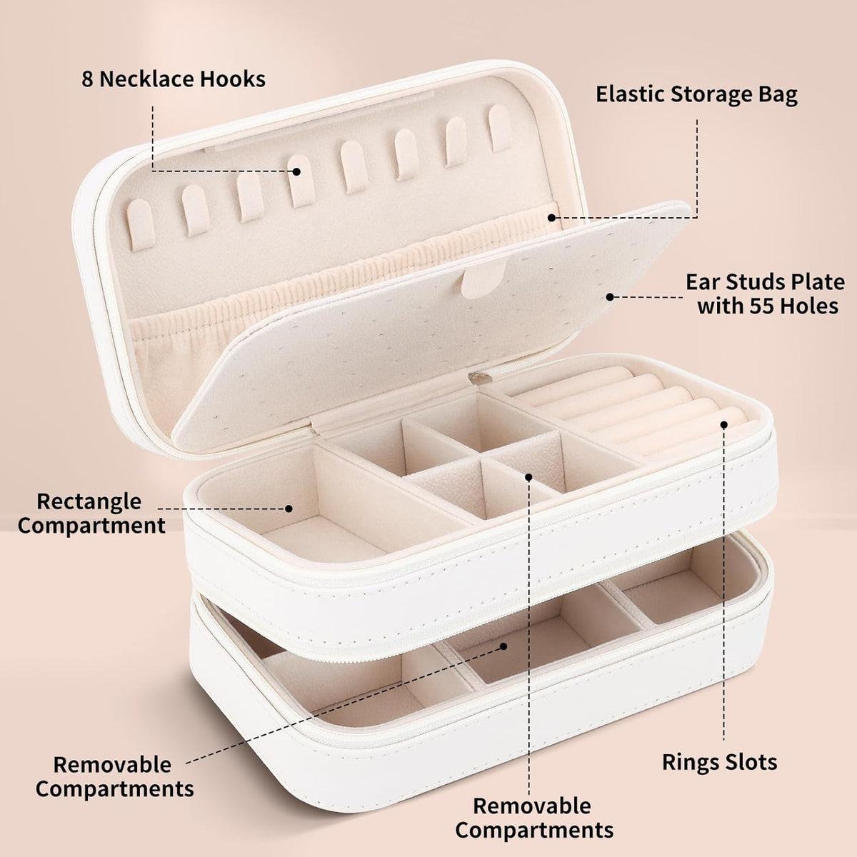 DesignSter Small Travel Jewelry Box with Double Zipper, 2 Layers PU Portable Jewelry Case for Women and Girls,Travel Jewelry Organizer for Rings, Earrings, Necklaces, Bracelets,Beige