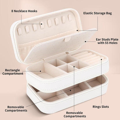 DesignSter Small Travel Jewelry Box with Double Zipper, 2 Layers PU Portable Jewelry Case for Women and Girls,Travel Jewelry Organizer for Rings, Earrings, Necklaces, Bracelets,Beige
