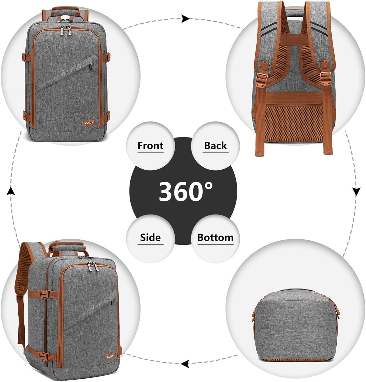 Kono Carry on Backpack, 16" Airplane Approved Under Seat Travel Backpack for Men and Women, Waterproof Lightweight Daypack for Flight 20L (Grey/Brown, Small)