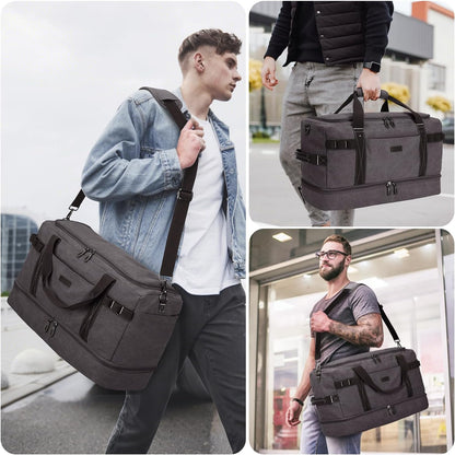 ZOMFELT Travel Duffle Bag for Men Women, Waterproof Canvas Overnight Duffel Bag with Removable Dividers & Shoe Compartment, Carry On Weekender Gym bag, Multi-Pocket & Vintage Design (Washed Grey)