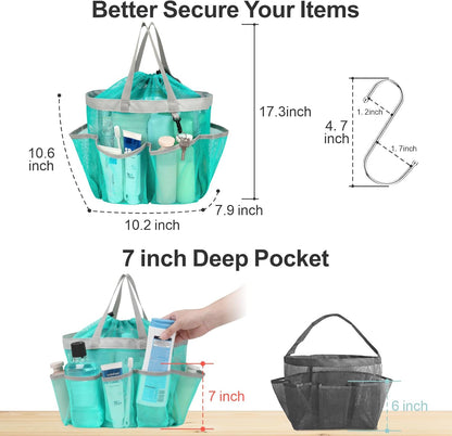F-color Mesh Shower Caddy Portable with Drawstring - Upgrade Deeper 7 Pockets Dorm Room Essentials for Guys Girls with S Hook, Shower Bag Basket Tote for College Camping Bathroom, 2 Pack Mint Green