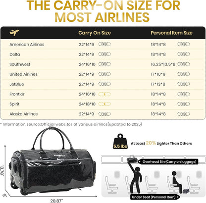 3-in-1 Rolling Garment Bags for Travel, Glitter Wheeled Carry-On Suit Luggage with Shoe Storage & Detachable Bag, Convertible Duffel Bag for Men Women Business Trips Weekender, Wrinkle-Free (Black)