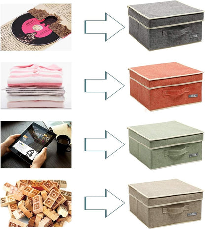 YueYue Small 4 Pack Fabric Stroage Box with Lids, Linen Foldable Stroage Box with lids 4 Color Set 12.4in/12in/6.7in