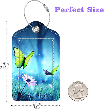 Luggage Tags for Suitcase Butterflies on Daisies in Forest 2 PCS Leather Travel Cruise Luggage Tag with Stainless Steel Loop Name ID Label Privacy Cover for Women Men Travel Bag Labels Set