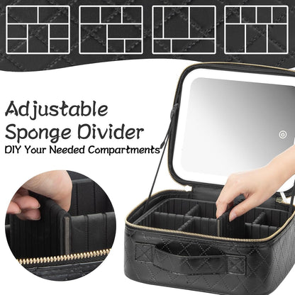 Makeup Travel Train Case with Mirror LED Light 3 Adjustable Brightness Cosmetic Bag Portable Storage Adjustable Partition Waterproof Makeup Brushes Makeup Jewelry Gift for Women