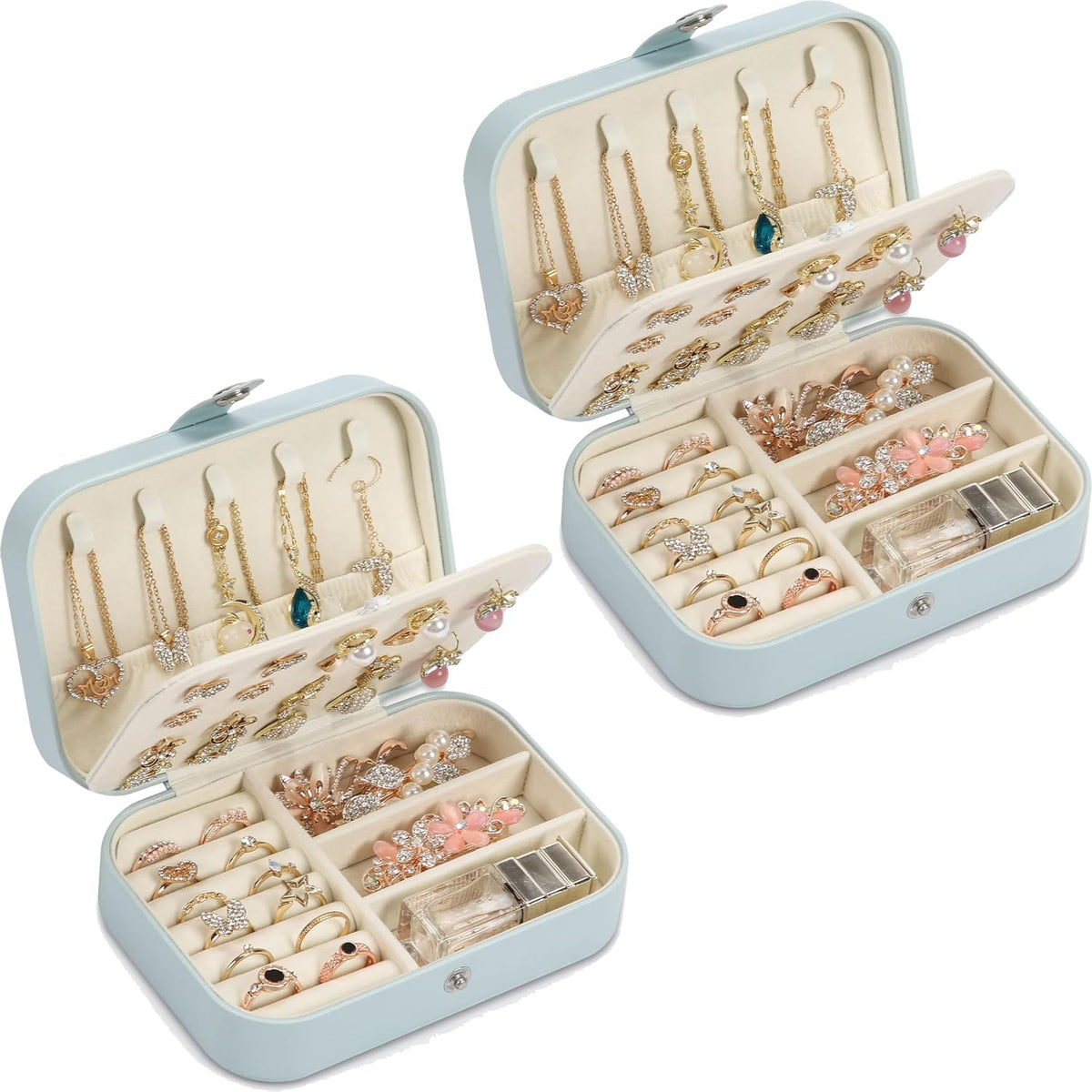 Travel Jewelry Box, PU leather Small Jewelry Organizer For Female Girls, double layer portable mini travel case for storing earrings, rings, necklaces.(blue 2pcs)