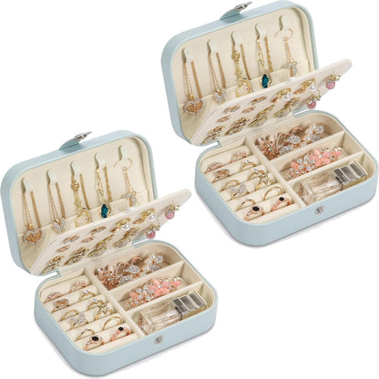 Travel Jewelry Box, PU leather Small Jewelry Organizer For Female Girls, double layer portable mini travel case for storing earrings, rings, necklaces.(blue 2pcs)