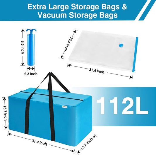 2-in-1 Space Saving Storage Bundle: Extra Large Blue Moving Bag (31.5"L) + Transparent Vacuum Compression bag with Hand Pump for Clothes, Bedding & Dorm Move-In (3 Moving Bags+3 Vacuum bags)