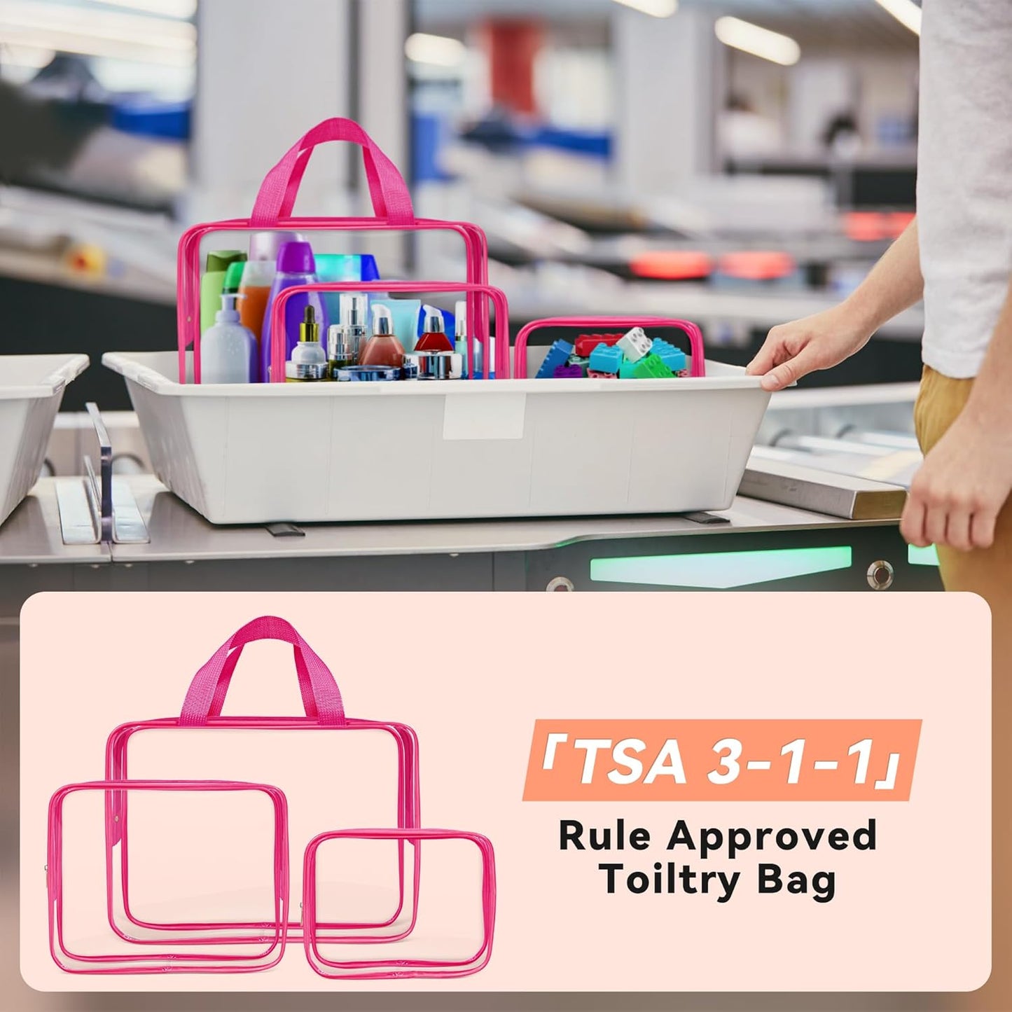 TISRATOK 10 PCS Clear Travel Makeup Toiletry Bag, Plastic PVC Cosmetic TSA Approved Organizer Kit with Zipper Handbag（Rose Red）