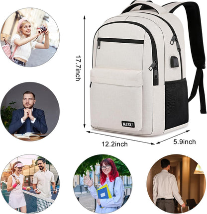 School Backpack for Teen Girls, Laptop Backpack 15.6 Inch with USB Charging Port, Sturdy Beige College Bookbag