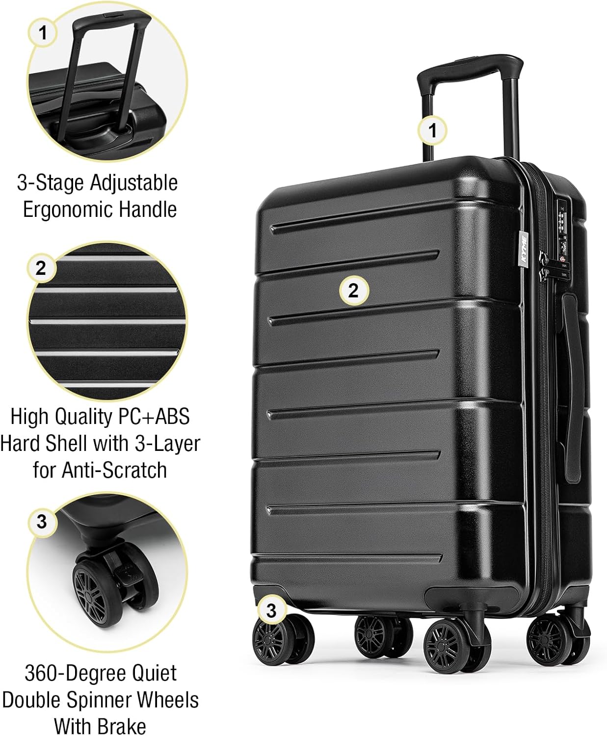 KYME 26 Inch Luggage TSA Approved Hardshell 26" Suitcases with Spinner Wheels Durable Medium Travel Checked Luggage with Cup Holder for Women Men Black