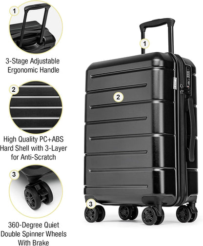 KYME Luggage Sets 3 Piece Hardshell 22in/26in/30in Suitcases with Spinner Wheels Hardside Suitcase Sets with TSA Lock Travel Rolling Luggage Set for Women Men Black