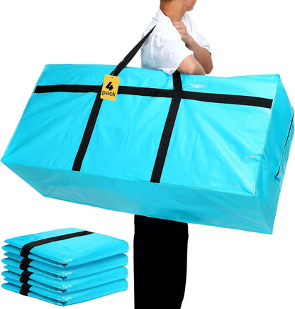 4 Pcs 66 Gallon Large Moving Bags with Zipper and Handles Foldable Storage Duffle Bags Heavy Duty Extra Large Totes for College Dorm Travel Clothes Blankets Bedding Moving(Lake Blue)