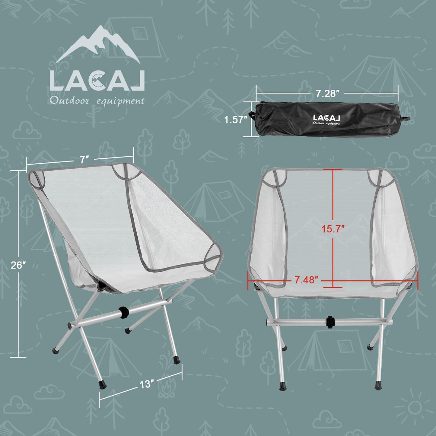 Ultra-Light Folding Camping Chair, All-Aluminum Frame, Surper Breathable Fabric, Easy to Carry, Compact Storage Size (2, Grey)