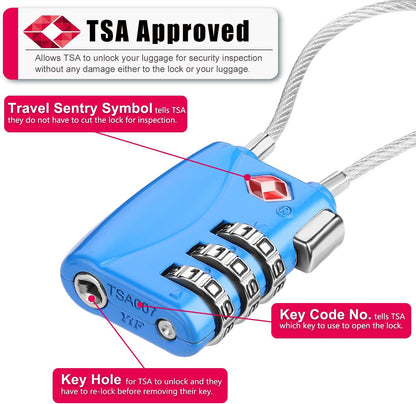 ZHEGE TSA Cable Luggage Lock 3 Digit Combination Padlock with Alloy Body for Suitcase, Baggage, Backpack, Pistol Case (2 Pack, Blue)