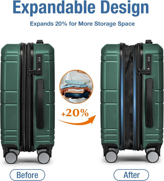 KYME Carry On Luggage 22x14x9 Airline Approved with TSA Lock Hard Shell Carry On Suitcase Lightweight Suitcases with Wheels Small Luggage for Men Women,Carry-On 20 Inch,Green