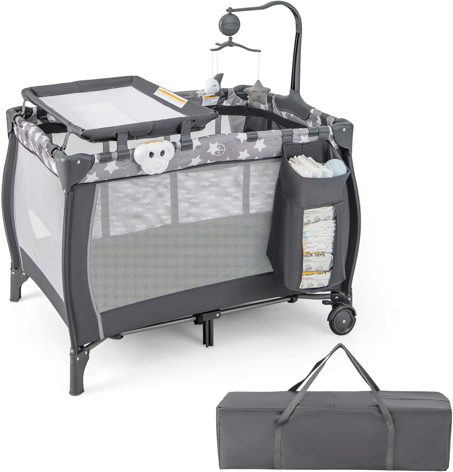 HONEY JOY Pack and Play, 3 in 1 Portable Baby Playard with Bassinet, Changing Table, Lockable Wheels, Music Box, Foldable Travel Baby Crib Nursery Center from Newborn to Toddler (Star Gray)