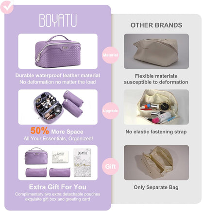 BOYATU Travel Makeup Bag Cosmetic Bags for Women: Large Capacity 3 Pcs Set Make up Bag with Compartments - Waterproof Vegan Leather Toiletry Organizer Bags with Handle - Travel Essentials(L01 Purple)
