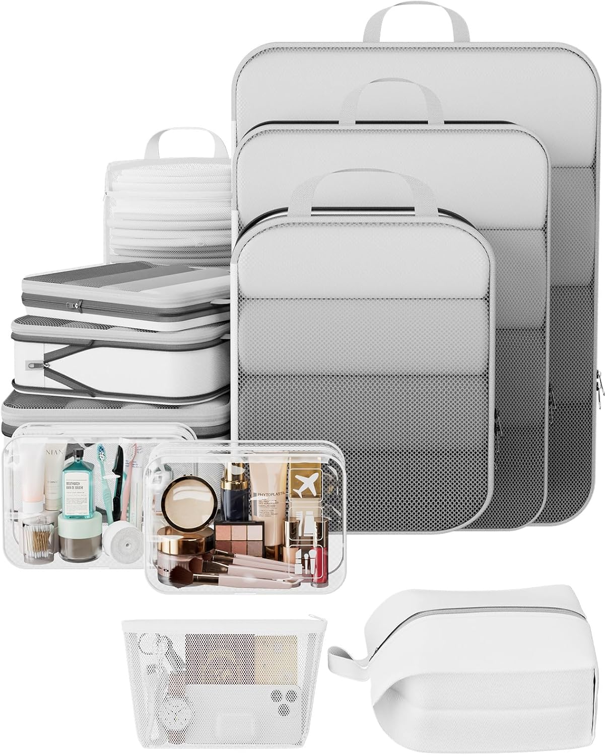 Veken 11 Set Compression Packing Cubes for Travel Essentials,Compressible Expandable Large Luggage Suitcase Organizer Bags for Clothing,Durable Space Saver Storage Bags with Toiletry Bags(White)