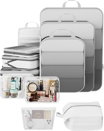 Veken 11 Set Compression Packing Cubes for Travel Essentials,Compressible Expandable Large Luggage Suitcase Organizer Bags for Clothing,Durable Space Saver Storage Bags with Toiletry Bags(White)