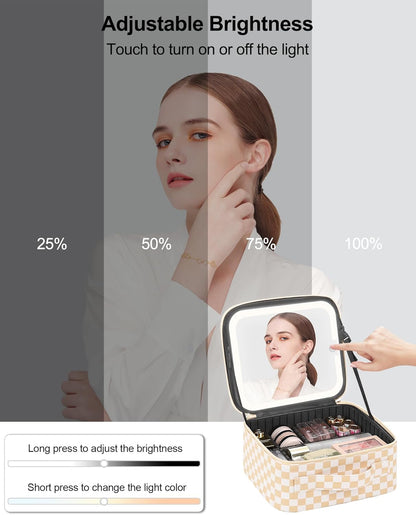 Chomeiu Makeup Bag with LED Mirror, Travel Makeup Case for Women and Makeup Artists Cosmetic Organizer Large Make Up Bags with Light Up Mirror, 3 Color Lights, Adjustable Dividers, Light Checkerboard