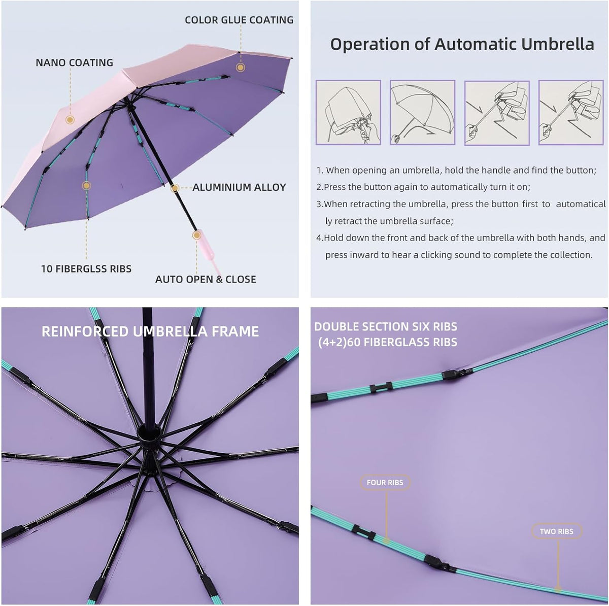 Folding Umbrella Anti-UV Compact Durable Folding Umbrella Auto Open Close Windproof Travel Umbrella Premium Grip Fits Backpack