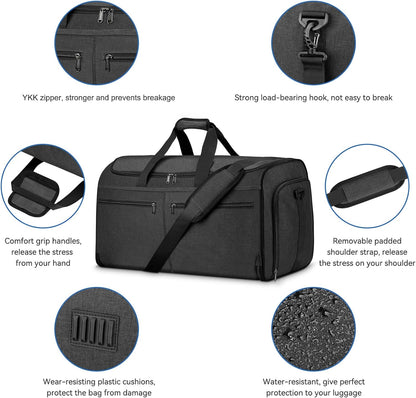 Garment Duffle Bags for Travel, Bukere Convertible Carry on Garment Duffel Bag for Men Women, Shoe Compartment, 2 in 1 Hanging Dress Suitcase Suit Travel Bags, Midnight Grey