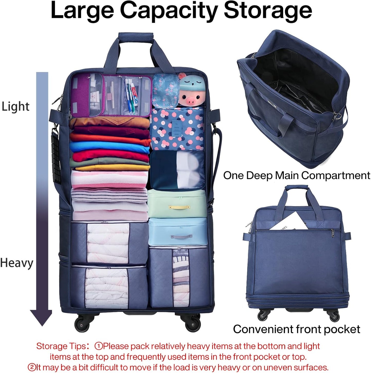 Hanke Suitcases with Wheels Expandable Foldable Luggage Bag Suitcase Collapsible Rolling Travel Bag Duffel Bag for Men Women Lightweight Suitcases without Telescoping Handle, Blue