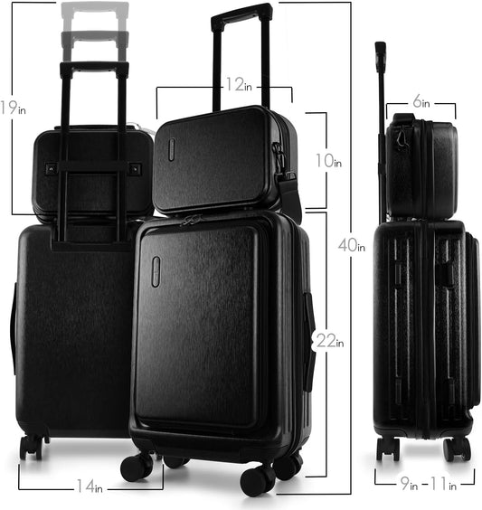 22 Inch Carry On Luggage 22x14x9 Airline Approved, Carry On Suitcase with Wheels, Hard-shell Carry-on Luggage, Durable Luggage Carry-On, Black Small Suitcase with Cosmetic Case
