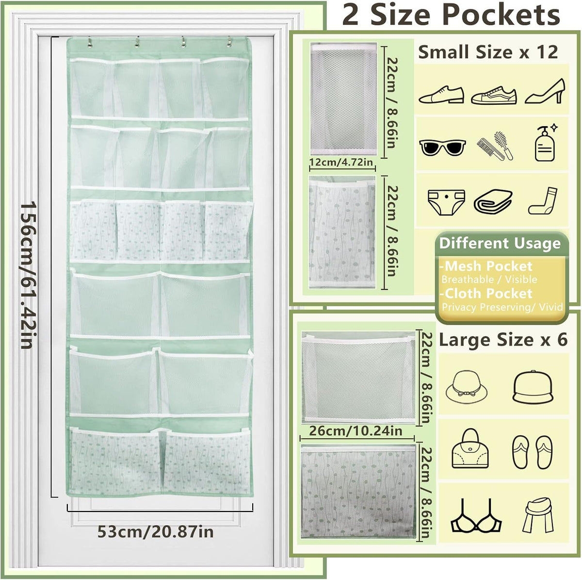 Over the Door Organizer with 4 Kinds of Pockets,Behind Door Shoes Rack,Back of Closet Storage Organization for Socks,Hat,Underwear,Luggage Packing,Hanging Holder Shelf in Home Dorm,Travel,Green