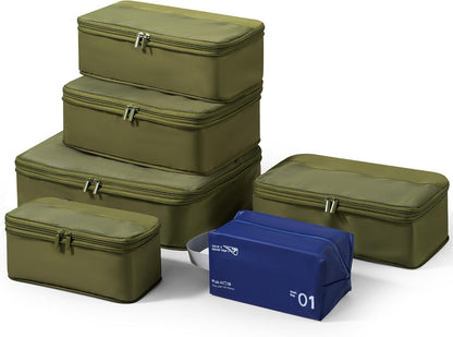 Compression Travel Packing Cubes, 6 Set Expandable Luggage Organizer Bags, Durable Travel Accessories for Suitcases, Backpacks, and Carry-Ons (Army Green)