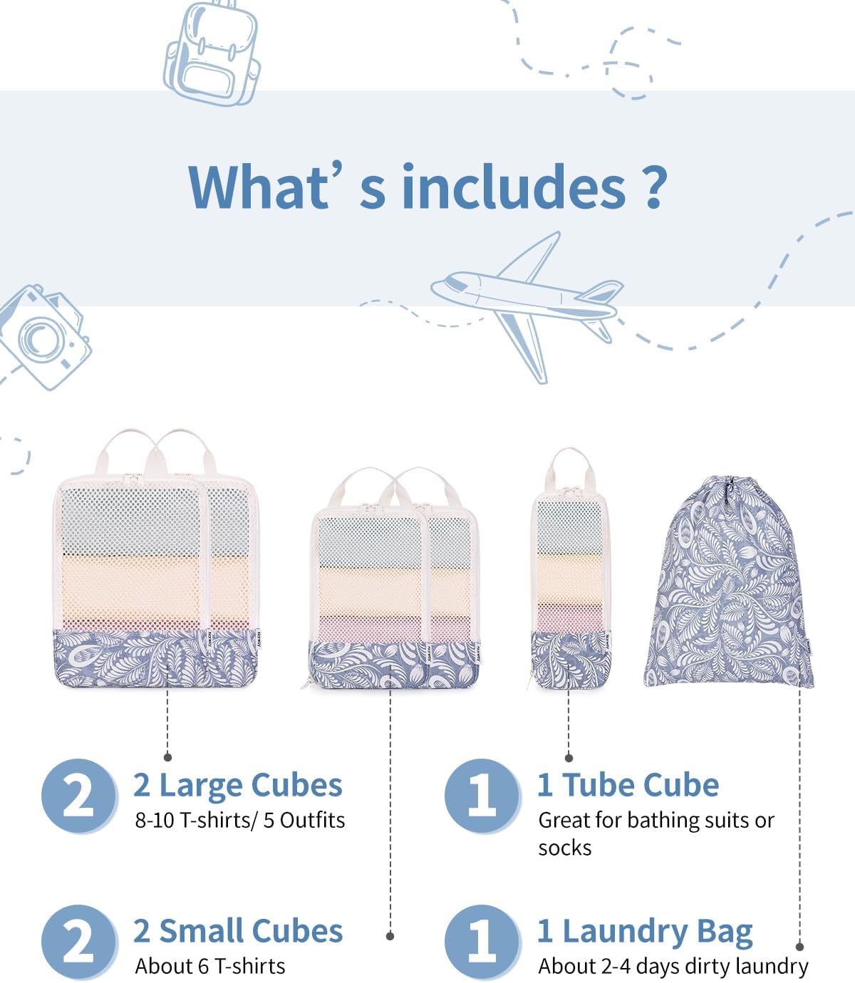 Narwey 6 Set Compression Packing Cubes for Travel Kids Women Carry on, Packing Organizers Bag for Backpack Luggage Suitcase Duffle Bags