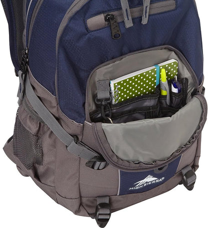 High Sierra Loop Backpack, Travel, or Work Bookbag with tablet sleeve, One Size, Sequin Facets/Bluebird/White