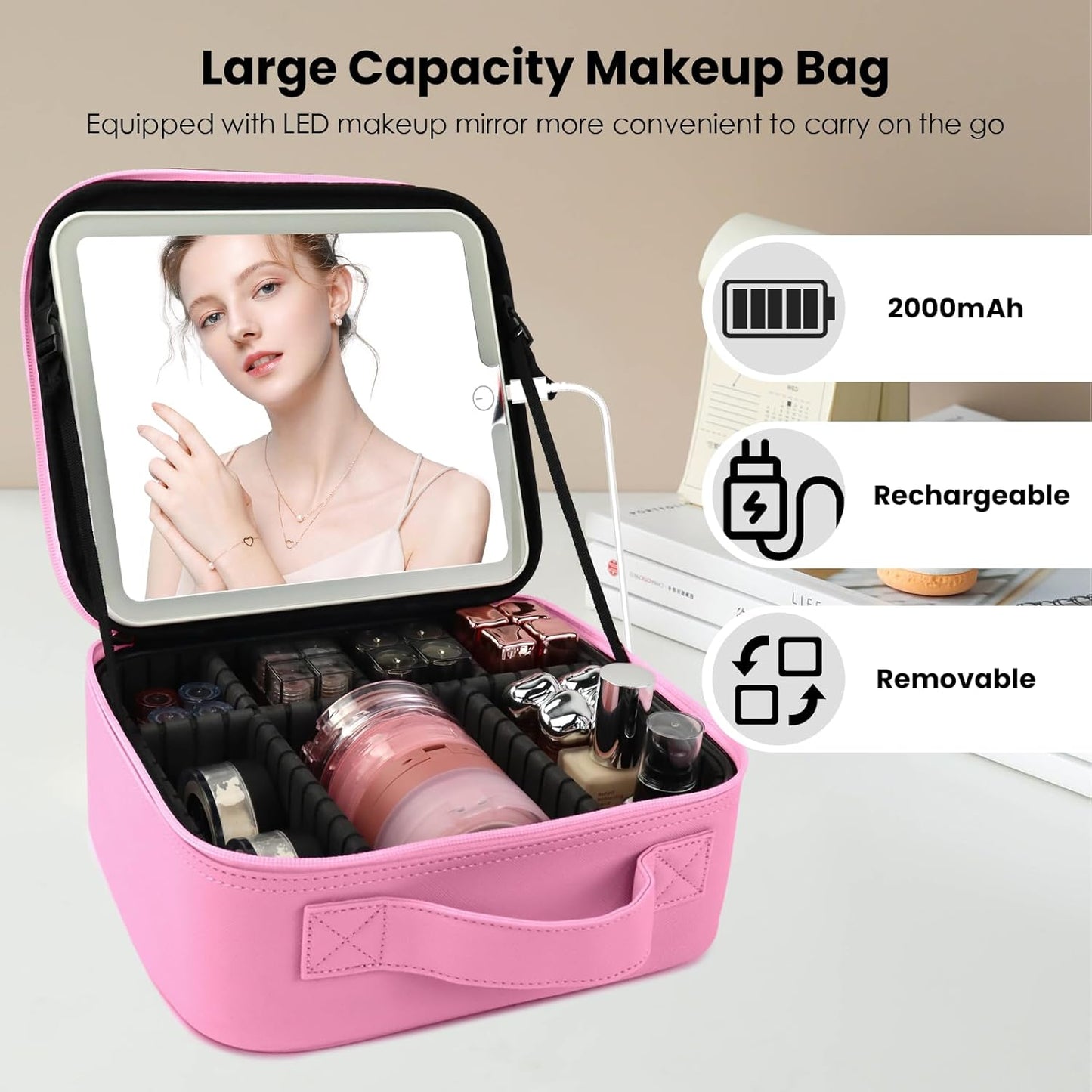 Travel Makeup Bag with LED Mirror and Light Travel Makeup Case Cosmetic Organizer Portable Cosmetic Brush Organizer Bag with Adjustable Dividers for Cosmetics Makeup Brushes Toiletry (Dark Pink)