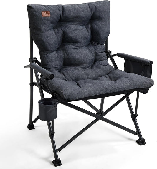 EVER ADVANCED Padded Oversized Folding Camping Chair for Adults, Heavy Duty Lawn Chair with Side Pockets, Portable Collapsible Quad Chair for Outside, Support Up to 500lbs, Black