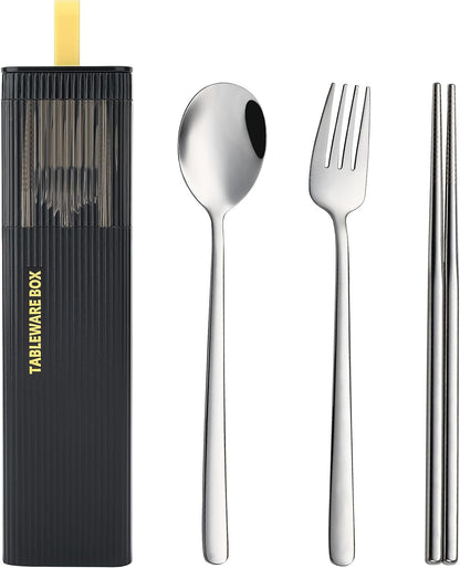 DEVICO Travel Utensils with Case, 18/8 Stainless Steel Reusable Silverware Set for Lunch Box, Portable Cutlery Set, Fork and Spoon Set for Camping, Lunch, Picnic, Workplace, School (Black)