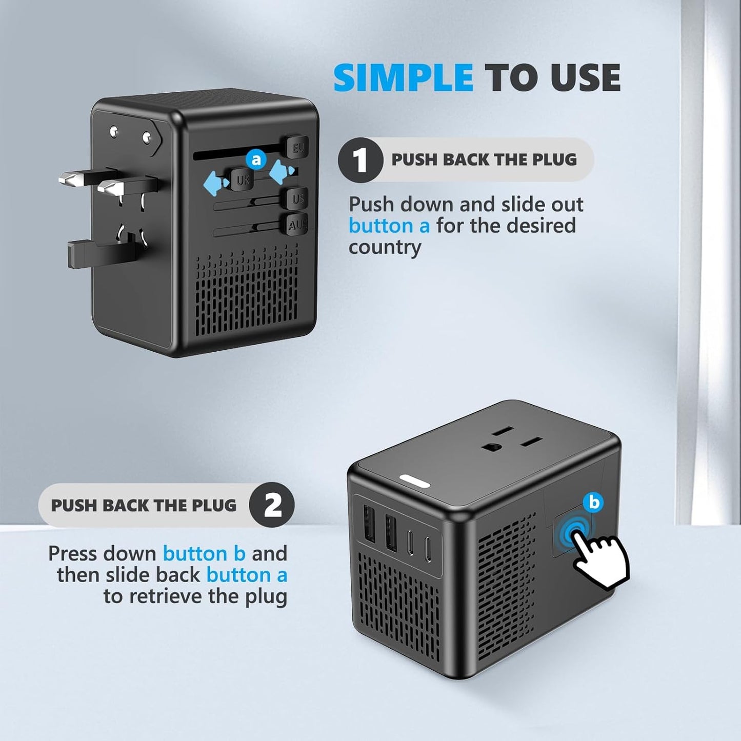 220V to 110V Voltage Converter US to Europe for Hair Dryer with Fast Charging 2 USB A 2 USB C, Power Converter Adapter Combo International Travel Adapter C A G I (Black)