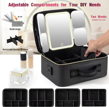 Mid-Size Makeup Bag with LED 1X5X10X20X30X Magnifying Mirror and Travel Makeup Train Case Cosmetic Organiser with Mirror and Separate Makeup Brush Panel, Portable Adjustable Divider, Black