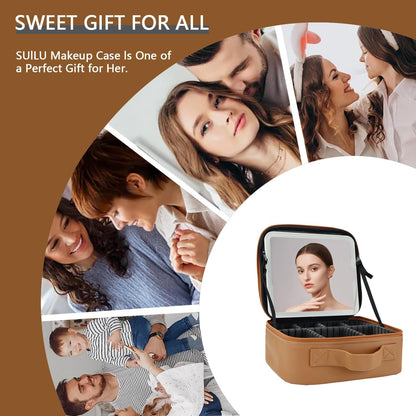 Makeup Bag with Led Mirror,Travel Makeup Organizer with 3 Color Setting, Portable Storage and Adjustable Dividers Travel Makeup Bag(brown)