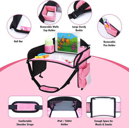 Kids Travel Tray, Car Seat Tray for kids Travel, Toddler Road Trip Essentials With Drawing Kit, Toddler Lap Desk Organizer for Car, Carseat Table for Airplane