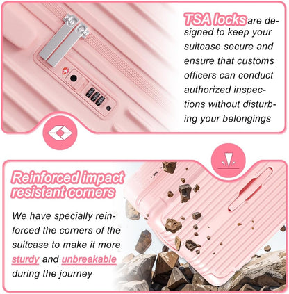 Krute Carry on Luggage PC+ABS Suitcases with Double Spinner Wheels 22x14x9 Airline Approved Luggage with TSA Lock 20 Inch (Pink)