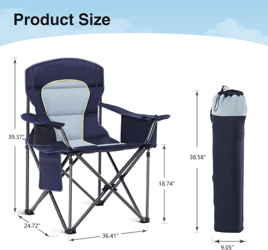 HIGH POINT SPORTS Oversized Camping Folding Chair, Heavy Duty Portable Outdoor Chair, Foldable Camp Chair with Cup Holder and Cooler Bag Support 450 LBS, 2 Pack, Dark Blue