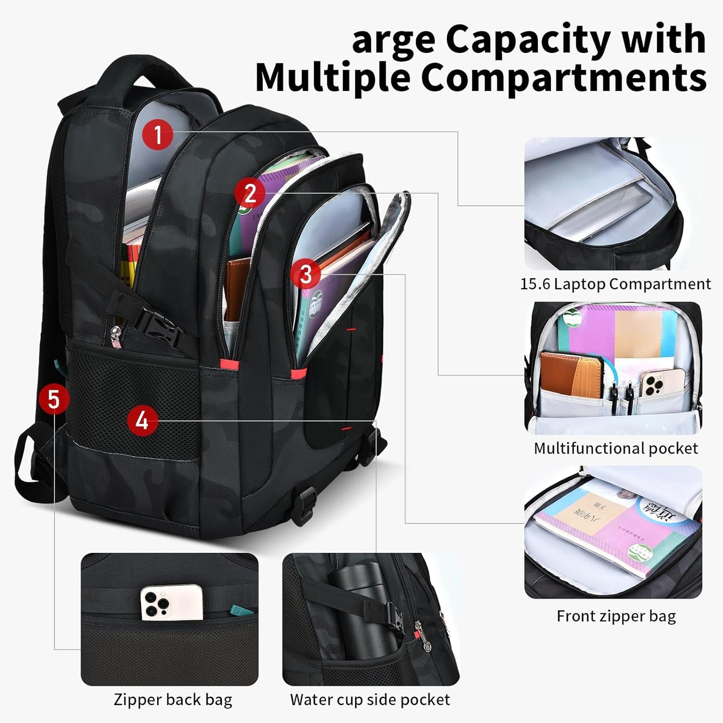 schoolbags for Middle school and high school student，high-capacity camo bookbags for Teens boys，Water Resistant Anti Theft Travel backpack with Computer compartment Fits 15.6 Inch Laptop